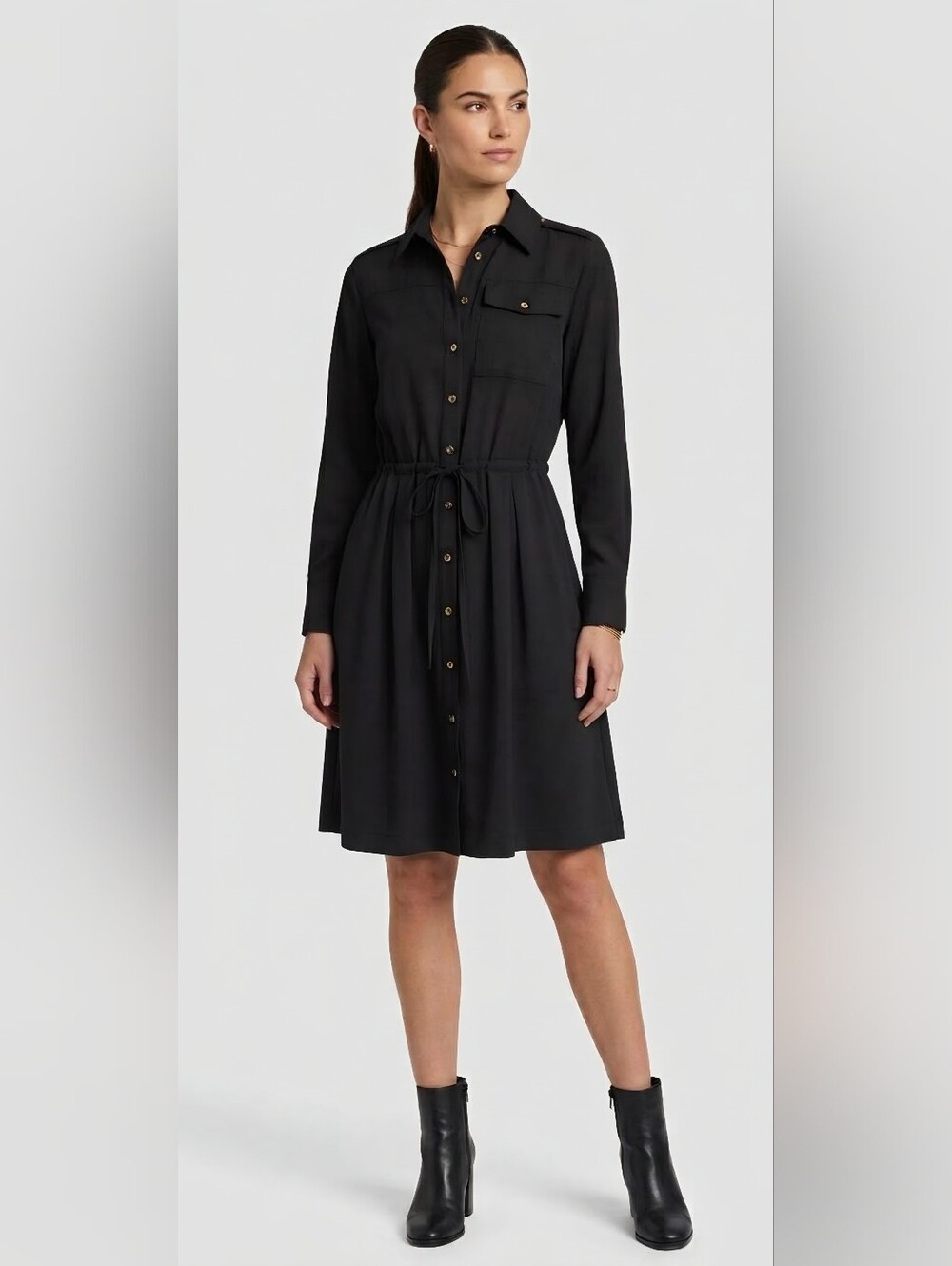Calvin Klein Black Long-Sleeve Shirt Dress with Drawstring Waist Size 2